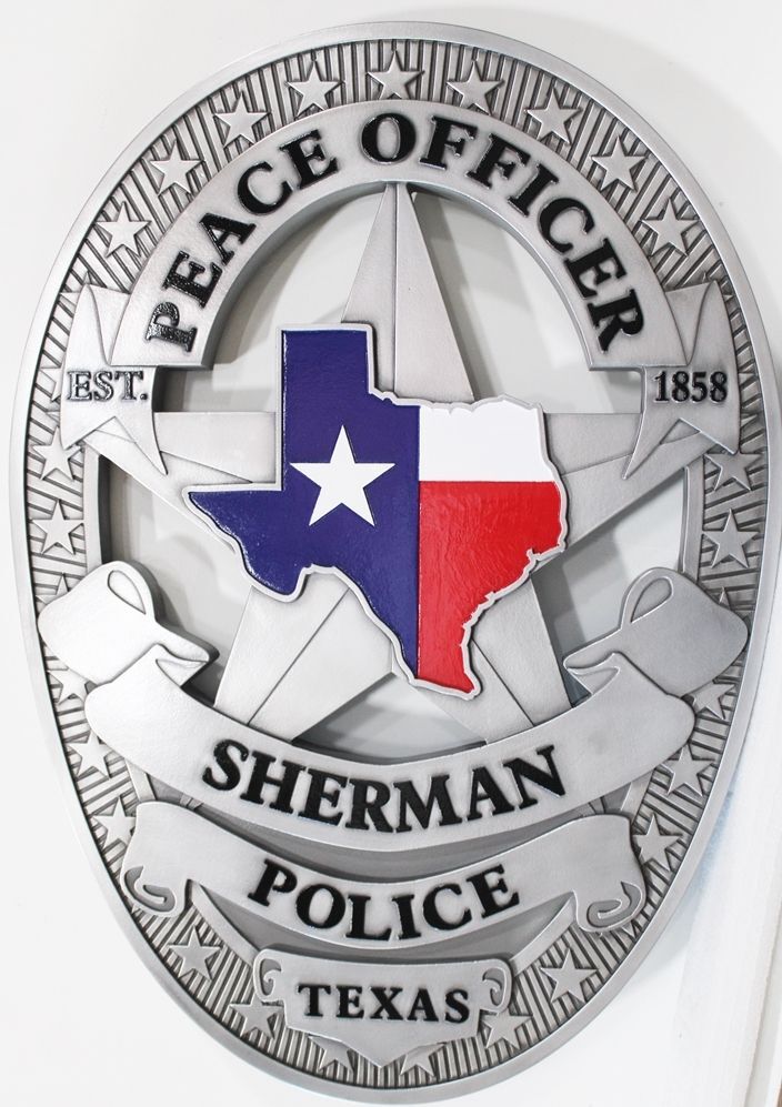 PP-1516 - Carved  3-D Bas-relief Plaque of the Badge of a Peace Officer, Sherman Police, Texas