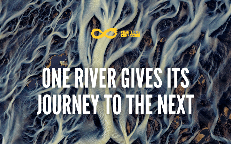 painting of multiple strands looking like forming a river or delta with the title "One River Gives its Journey to the Next"