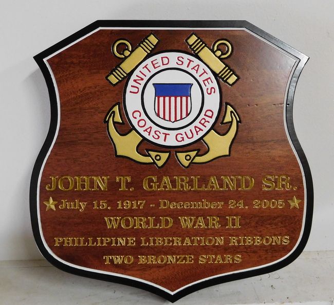 M3068 - Carved Mahogany, 24K Gold-Leaf  WW II Memorial Plaque for  Veteran of the Phillipine Liberation, U.S. Coast Guard Emblem (Gallery 31)