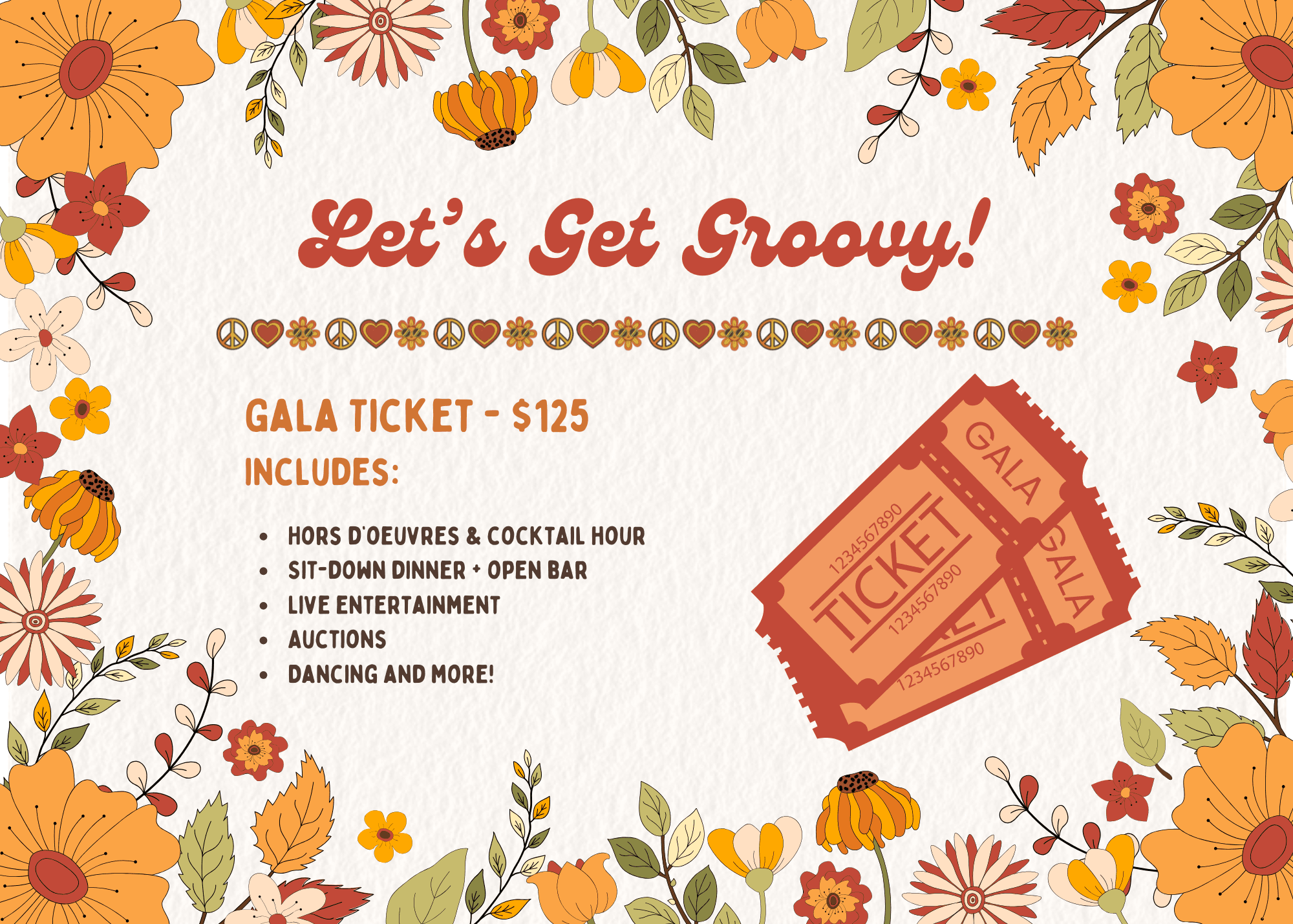 Image Reading: Let's Get Groovy! Gala Ticket - $125, Includes: Hors D'oeuvres & Cocktail Hour, Sit-Down Dinner & Open Bar, Live Entertainment, Auctions, Dancing, and More!