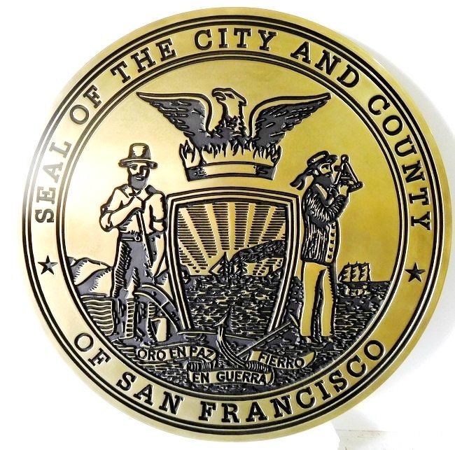 DP-2030 - Carved Plaque of the Seal of the City of San Francisco, California , Brass Plated