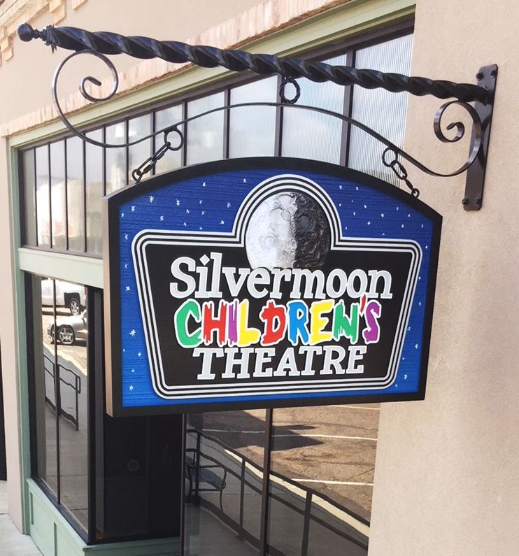 FA15704 - Carved HDU Entrance Sign for the "Silvermoon Children's Theater", with Silvery Moon as Artwork