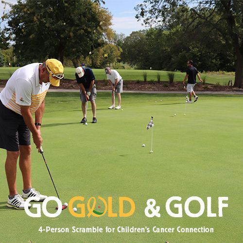 Line of people golfing with Go Gold & Golf Logo 