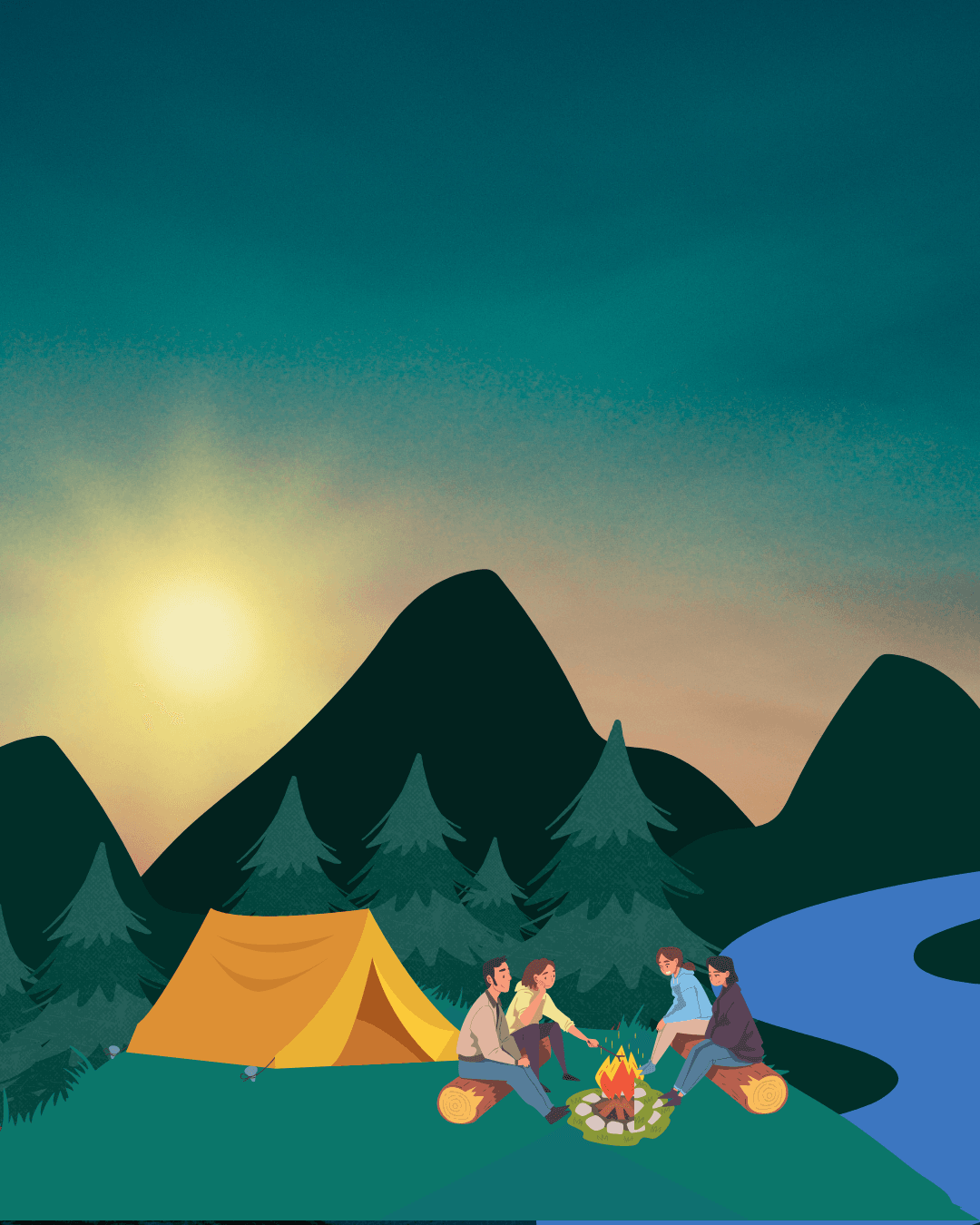 A graphic of a mountain at sunset with some campers around a campfire.