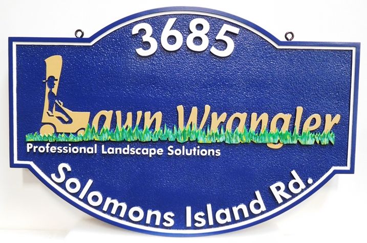 SA28818 - Carved Hanging Address Sign made for the "Lawn Wrangler" Professional Landscape Solutions Business, 2.5-D Artist-Painted 