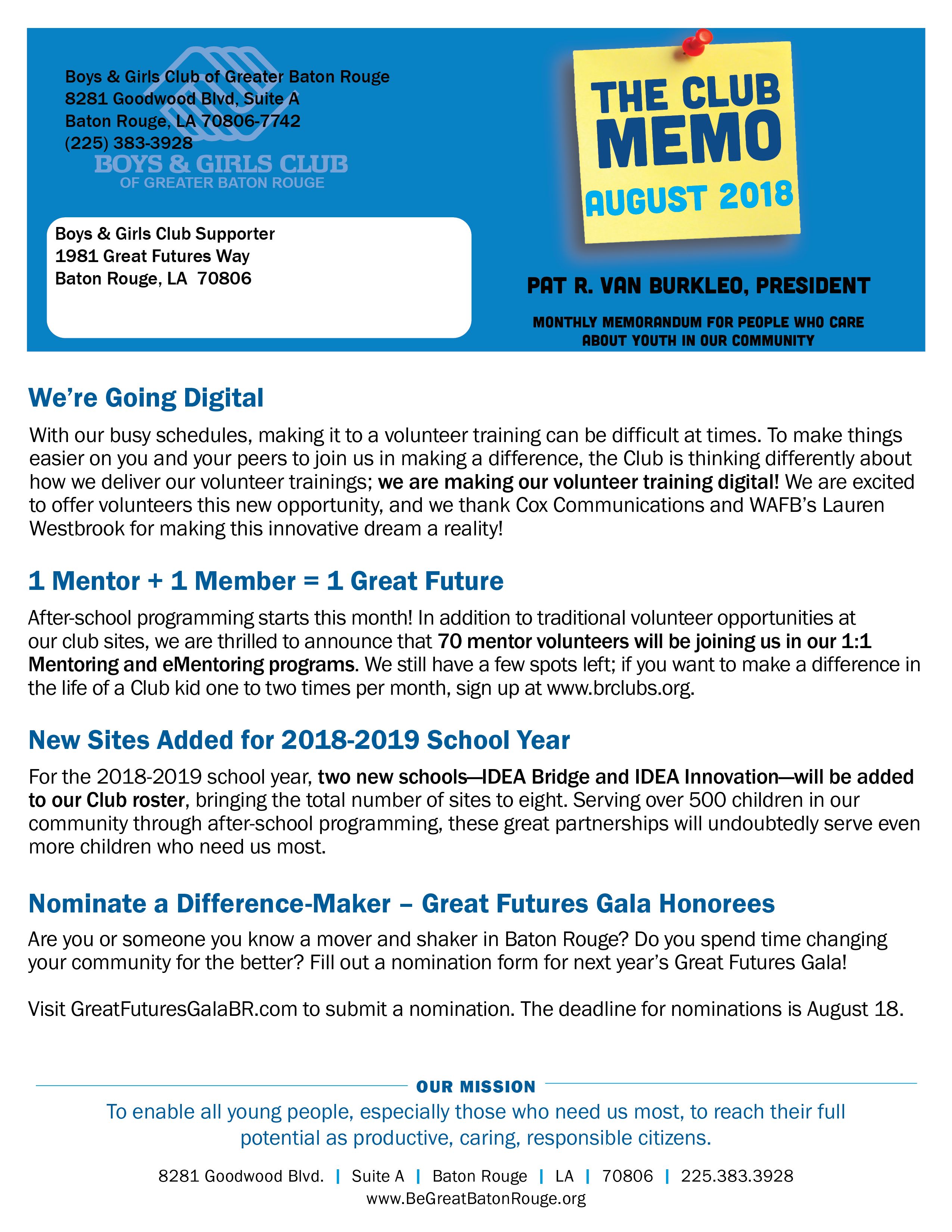 August 2018 Club Memo