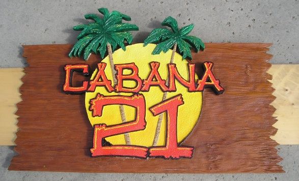 GB16825 - Carved Redwood and High-Density-Urethane (HDU)  Sign for Cabana 21, withh Two Palm Trees and Moon as Artwork