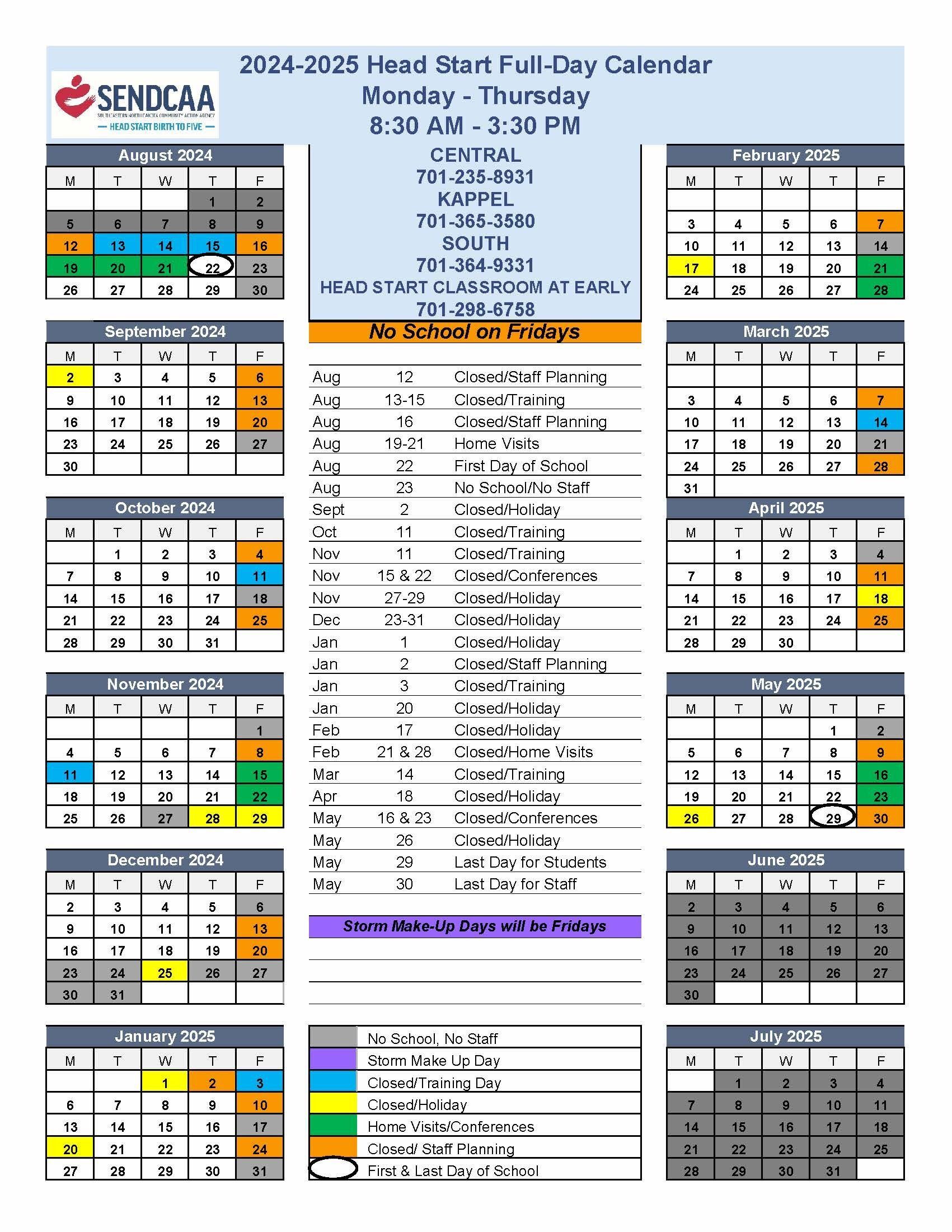 2024-2025 Head Start Full-Day Calendars