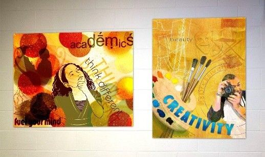 2 school signs showing academics and creativity, motivational signs