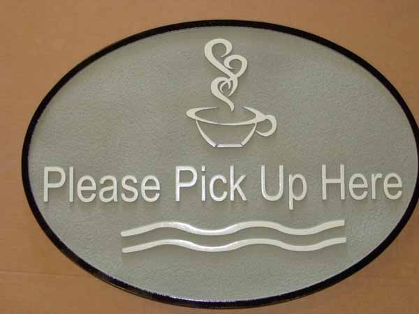 Q25415 - Sandblasted HDU Sign "Please Pick Up Here" with Cup of Steaming Coffee