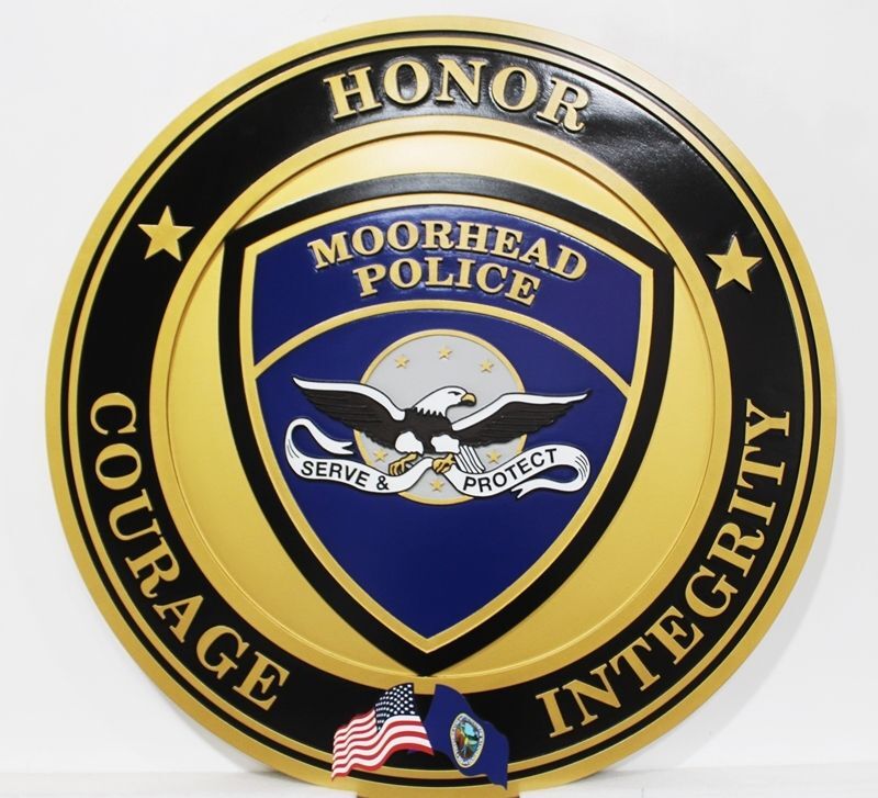 PP-2459 - Carved 2.5-D Multi-Level Plaque of the Shoulder Patch of the Moorhead Police, in the State of Minnesota 