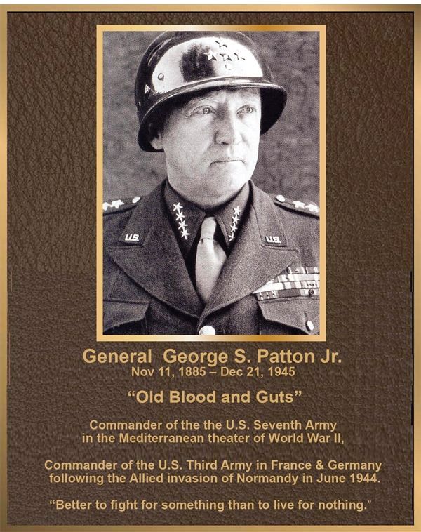 MB2396 - Brass-Plated Memorial Plaque with Giclee Photo of General George Patton, Sandblasted Painted Bronze Background, 2.5-D