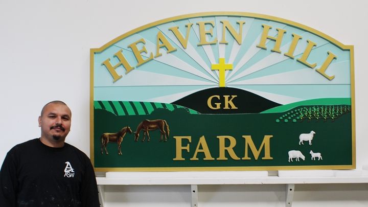 Q24846 - Carved Entrance Sign for Heaven Hill Farm, with Cross,Hills, Horses and Sheep as Artwork