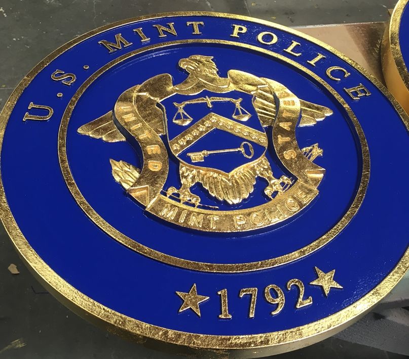 U30378 -  Carved 3-D  Wall Plaque with the Seal of  the US Mint Police, 24K Gold-Leaf Gilded.