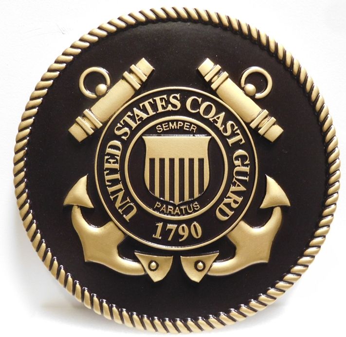 NP-1090 - Carved Plaque of the Seal of the US Coast Guard, 3D Painted Metallic Brass with Hand-Rubbed  Black