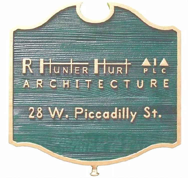 SC38002 - Carved Sandblasted Cedar Wood Sign for the "R. Hunter Hurt" Architecture Firm