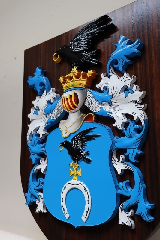 XP-2015A - Family Coat of Arms Plaque with Heraldic Crest, 2.5-D Artist-Painted on Mahogany Shield (Alternative Angle)