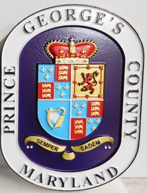 CP-1460 - Carved Plaque of the Seal of Prince George's County,  Maryland, 3-D Relief, Artist Painted