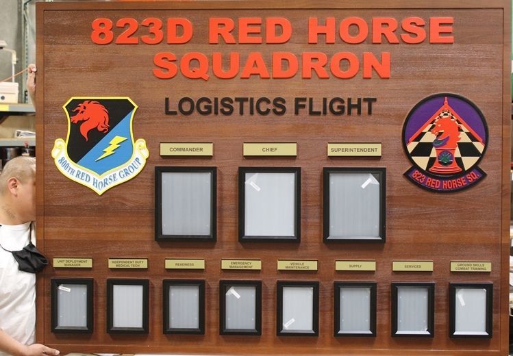 SA1225 - Carved Redwood Chain-of-Command Photo Board for the 823rd Red Horse Squadron, USAF