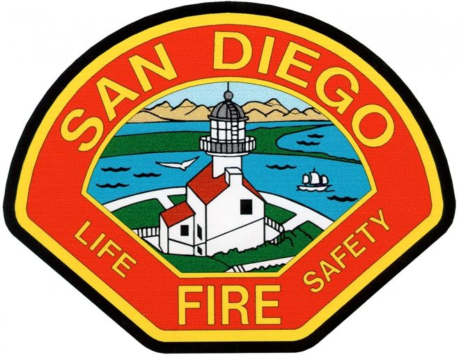 QP-2100 - Carved Wall Plaque of  the Shoulder Patch of the San Diego Fire Department, California, Artist Painted 