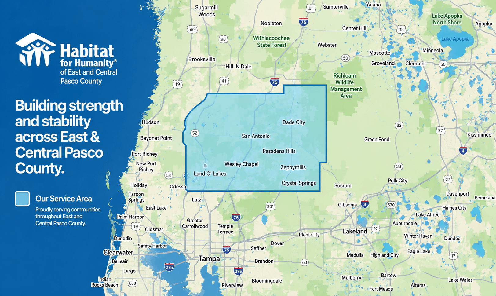 Map of Habitat for Humanity of East and Central Pasco County’s service area, including Dade City, Zephyrhills, Wesley Chapel, San Antonio, and surrounding Pasco County communities.