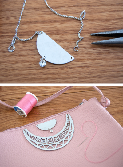 Customize your own clutch with thrifted jewelry and a thrifted purse from Goodwill.
