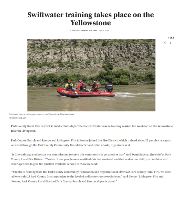 Swiftwater training takes place on the Yellowstone - funding provided by PCCF