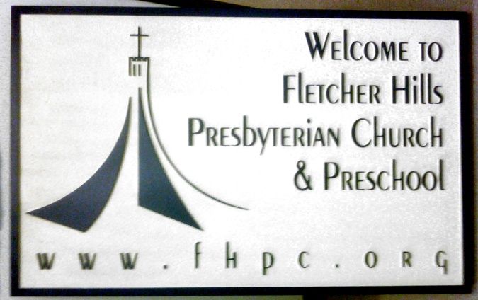 D13112 - Sandblasted, Carved HDU Welcome Sign for Presbyterian Church and Preschool with Website and Church with Cross