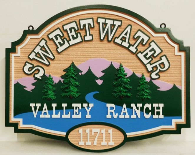M22388 - Carved and Sandblasted Wood Grain Sign for "Sweetwater Ranch"  with Mountains, River, and  Evergreen Forest