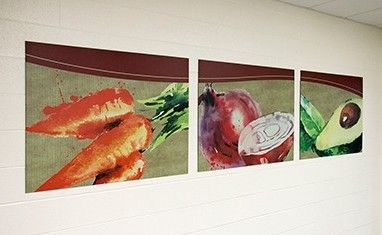 Set of food art murals in school hallway, watercolor images of food, custom signs