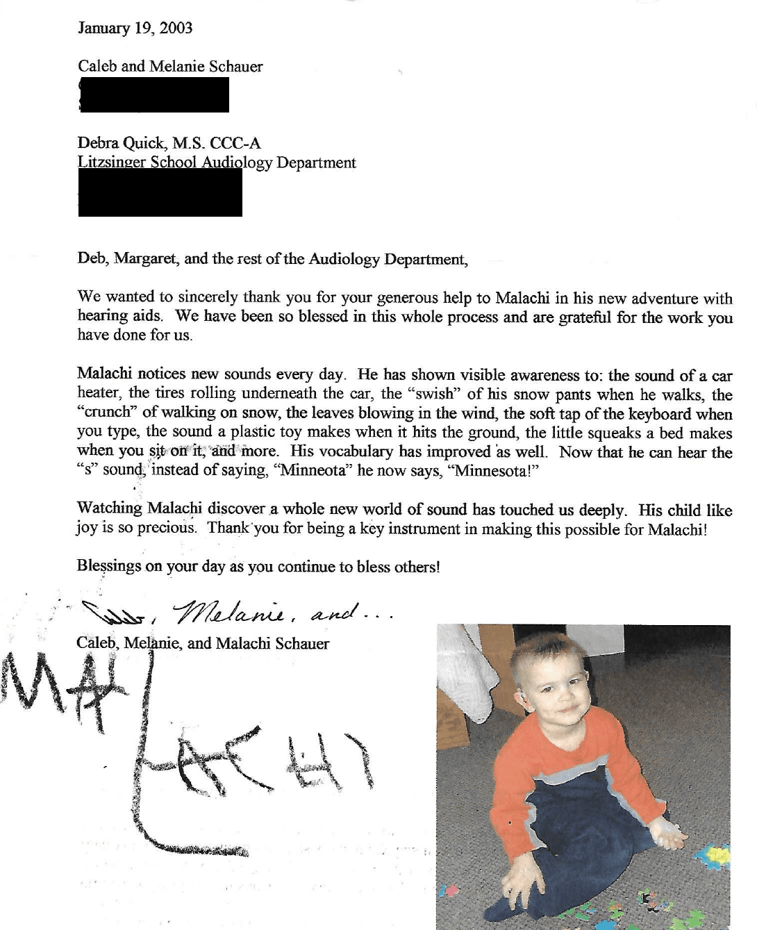 A letter written about Malachi receiving his hearing aids