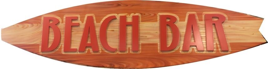 L21717A – Carved 2.5D HDU Beach House Sign “Beach Bar”, in Shape of Surfboard