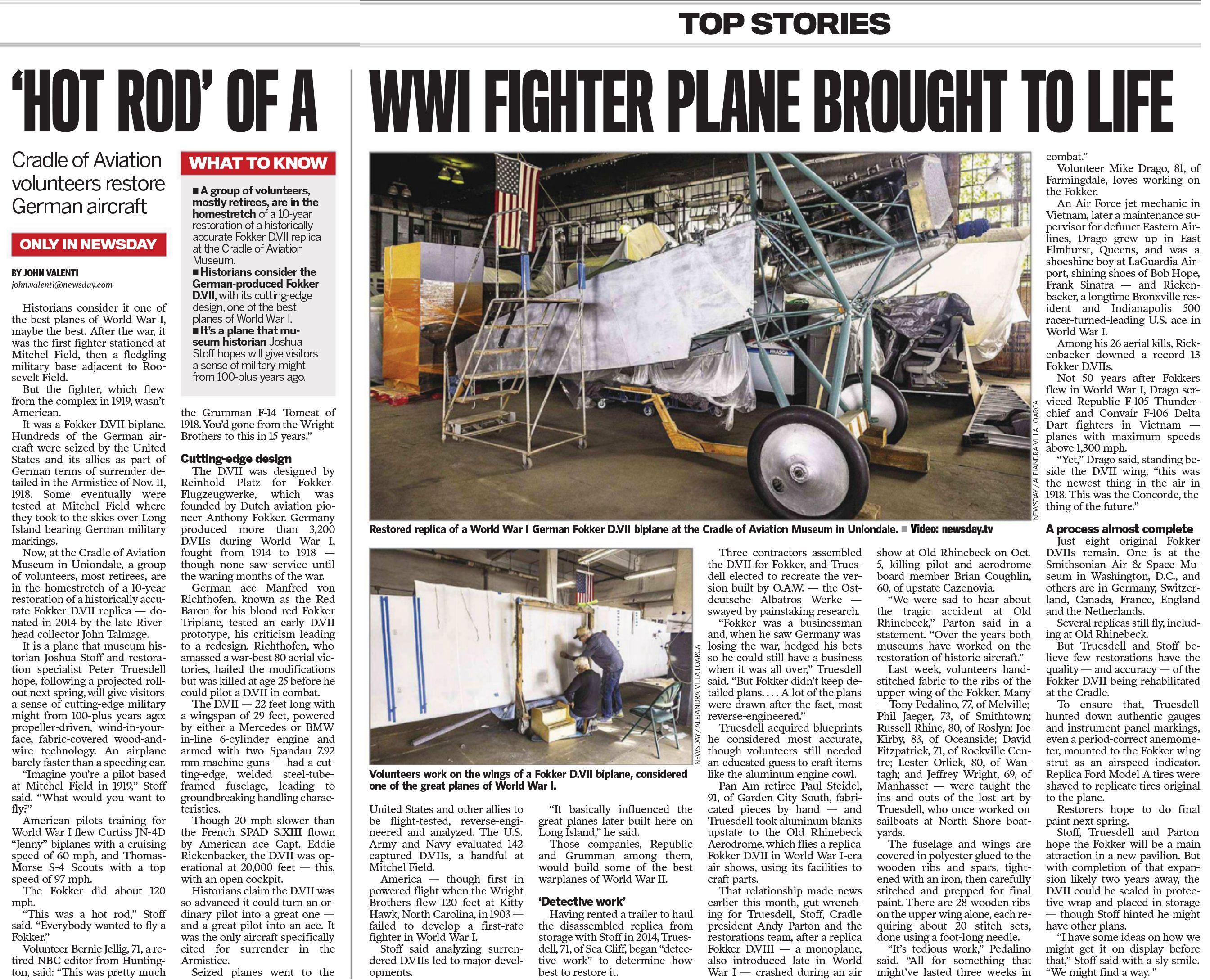 Cradle of Aviation Museum volunteers are completing a decade-long restoration of a Fokker D.VII replica, one of World War 1's top aircraft. Donated in 2014, the plane offers a glimpse into early military aviation.