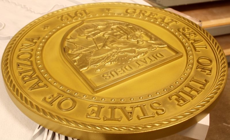 BP-1011A - Carved 3-D Plaque of the Seal of the State of Arizona, Gold Painted Finish
