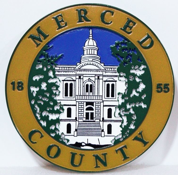 CDP-1317 - Carved 2.5-D Relief Artist-Painted Plaque of the Seal of Merced County, California 