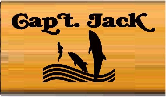 L22426 - Cedar Wood Sign for Captain Jack with Leaping Dolphins in Ocean Waves