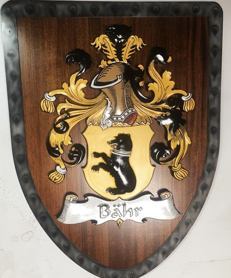 XP-2004 - Carved 3-D Bas Relief Mahogany Shield Plaque with Coat of Arms for Bahr Family with Shield, Griffin, and Helmet