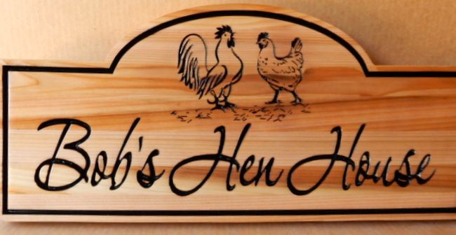 O24463 - Engraved Cedar Sign for Hen House with Rooster and Hen as Artwork