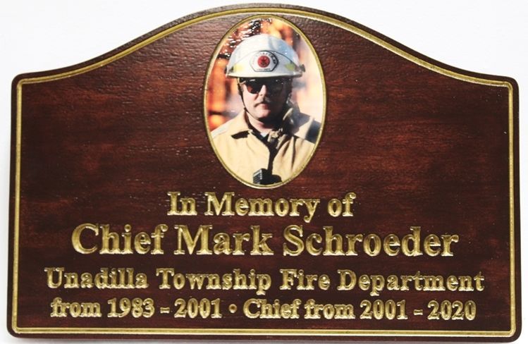 GC1514 - Carved Mahogany Memorial Wall Plaque in the Memory of  Mark Schroeder, Chief of the Unadilla Townshlp Fire Department,  2001-2020.