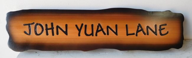 H17067 - Engraved Rustic Western Red Cedar Road Name Sign, John Yuan Lane, with Scorched Irregular Edges