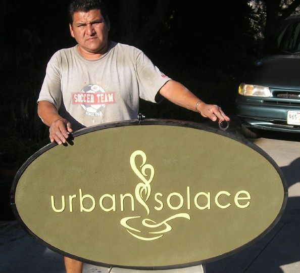 Q25406 - Carved HDU (or Wood Also Avail.) Sign for Urban Solace Coffee Bar with Steaming Cup of Coffee