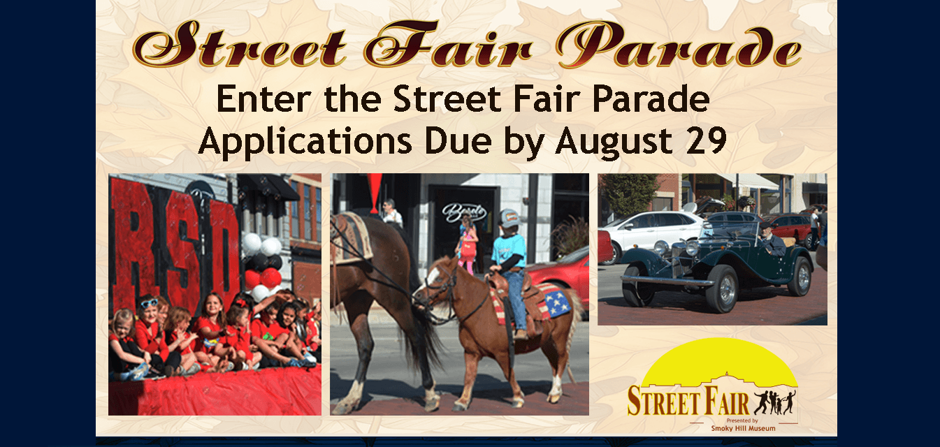 Poster calling for Parade entries. It has three photos of a parade one with a float of children, one with a boy riding a miniature horse and one with an antique car.