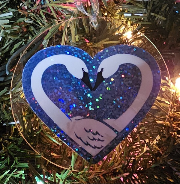 Ornament: Deep Lake Blue Glitter Swan Love