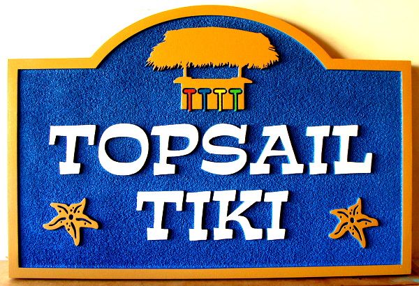 L22322 - Carved and Sandblasted 2.5D HDU Sign, "Topsail Tiki", with Starfish & Bar Hut 