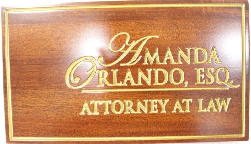 A10028A - Mahogany Sign for Amanda Orlando Attorney at Law, with Engraved and 24K Gold-Leaf Gilded Text and Border