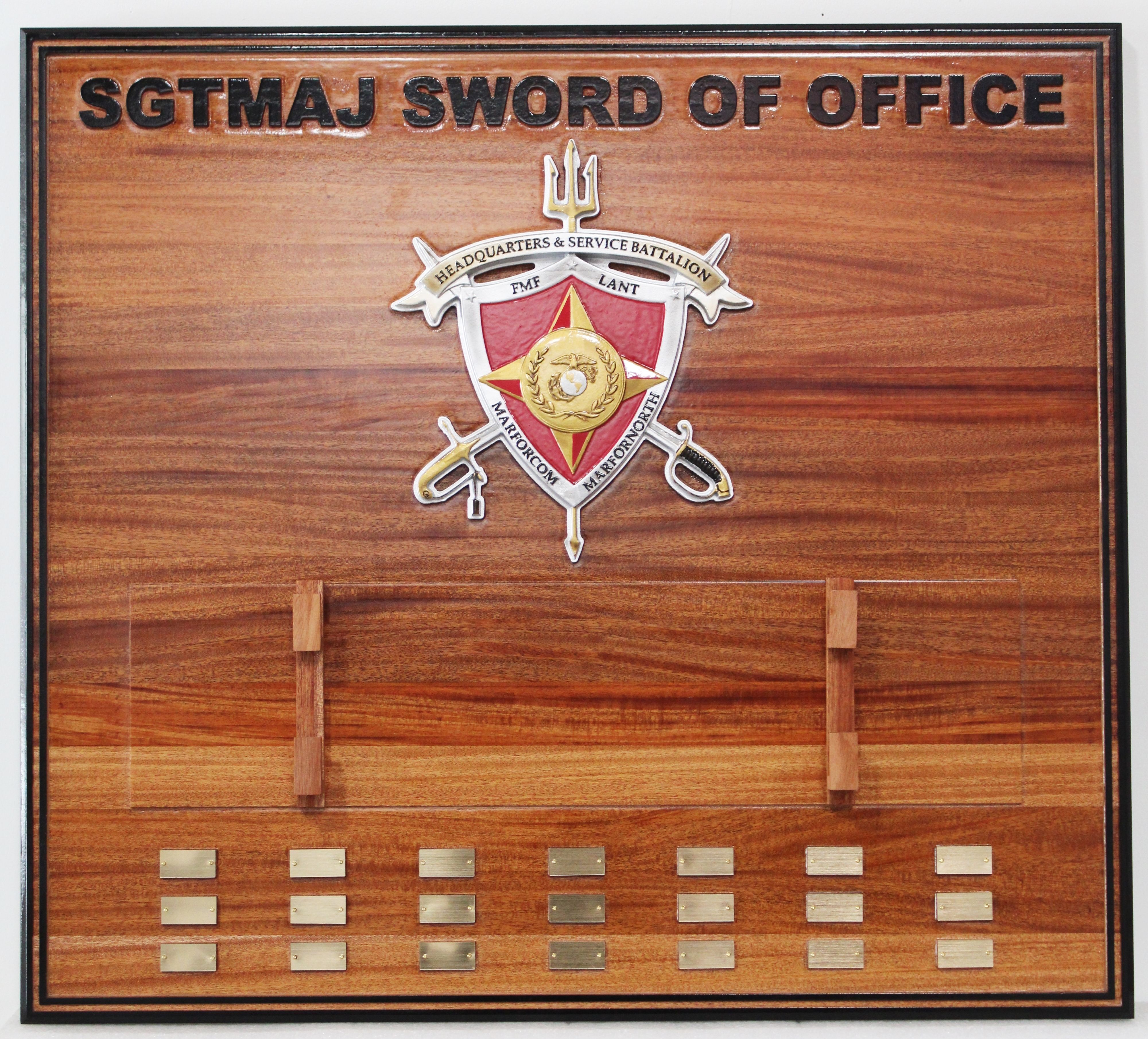 SB1024 - Mahogany Recognition Plaque the US Marine Corps "Sword of Office", Honoring Sergeant Majors of the Headquarters and Service Battalion, MARFORCOM NORTH 