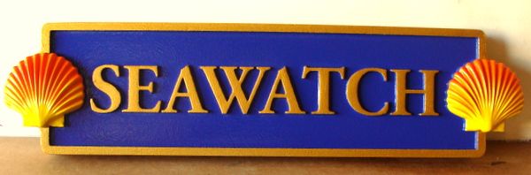 L21882- Carved Quarterboard Sign "Seawatch"  for Seashore Home, "Seawatch", with 3-D Carved Seashells