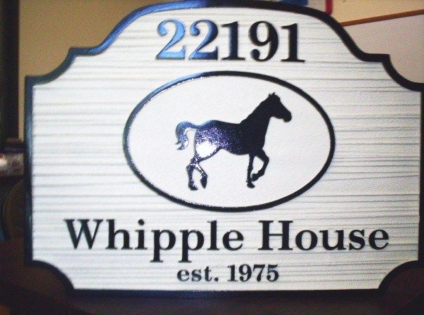 I18786 - Carved and Sandblasted HDU  Property Name Sign "Whipple House", with a Silhouette of a Horse