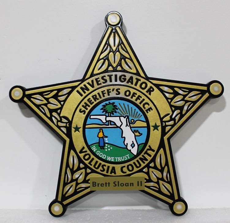 PP-1741 - Carved 2.5-D Raised relief HDU Plaque of the Badge of an Investigator, Sheriff's Office, Volusia County , Florida 