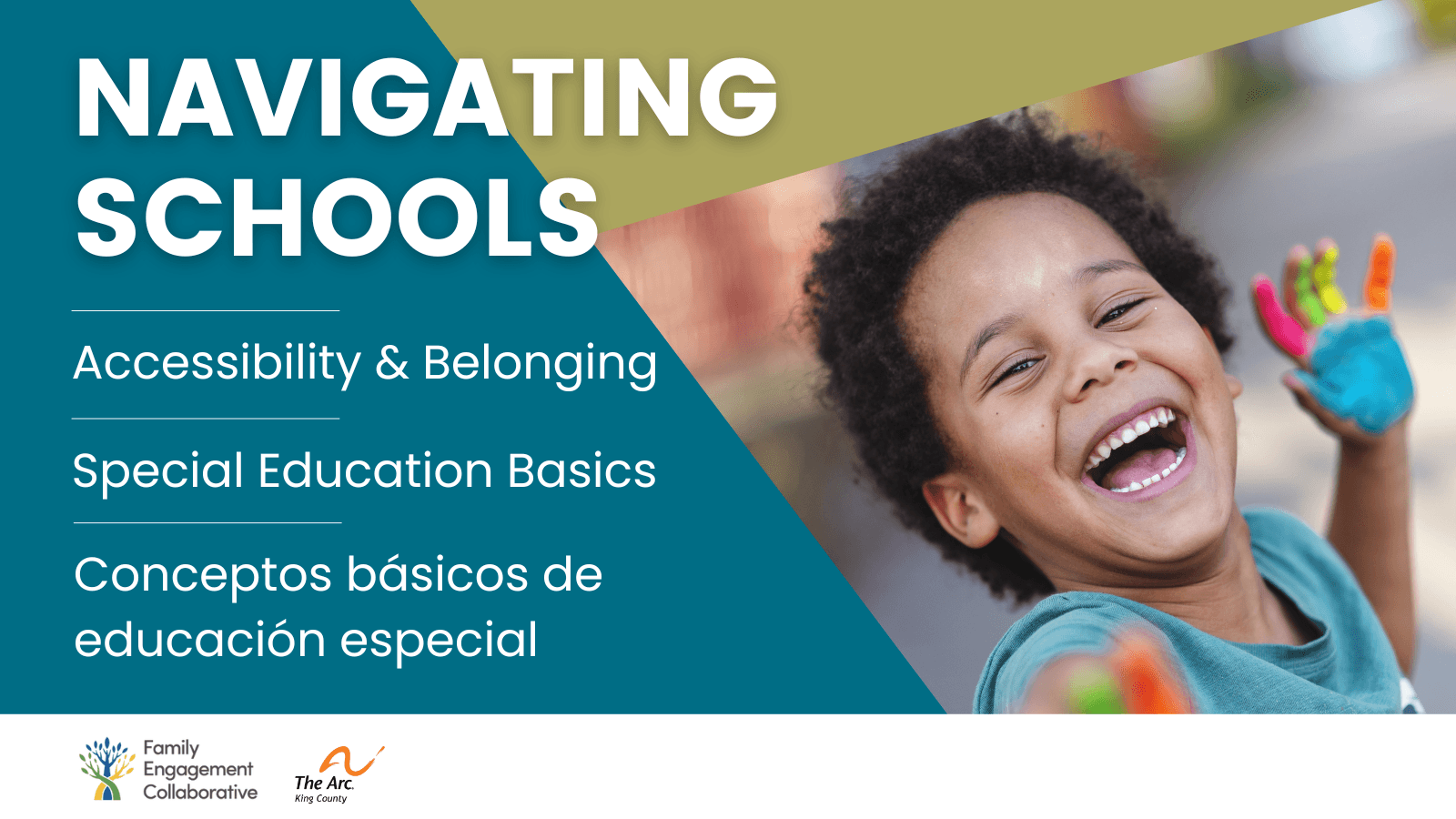 Image of a young child, smiling. Text: Navigating Schools - Accessibility and Belonging; Special Education Basics; Conceptos Básicos de Educación Especial